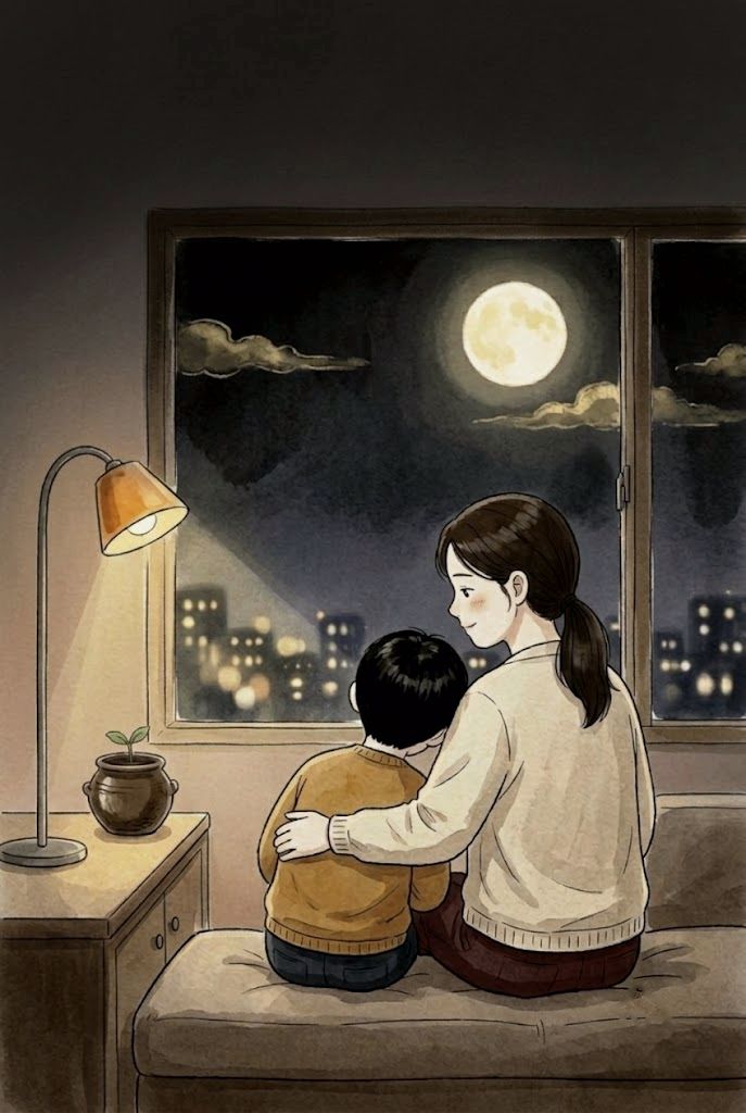 달 뜬 밤 거실 창가에 나란히 앉아, 엄마 어깨에 편안히 기댄 아이의 뒷모습