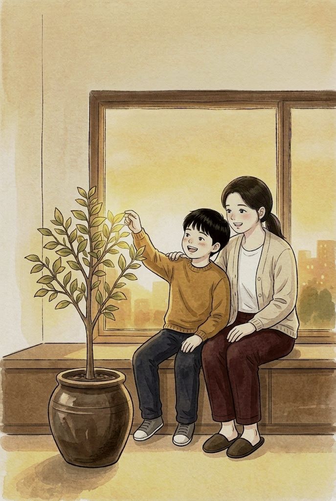 몇 해 뒤 해 질 녘 거실 창가 의자에 나란히 앉아, 조금 자란 아이가 엄마 팔에 기대 큰 옹기 화분의 어린 나무 잎을 만지고 엄마가 아이를 감싸 안고 웃는 장면