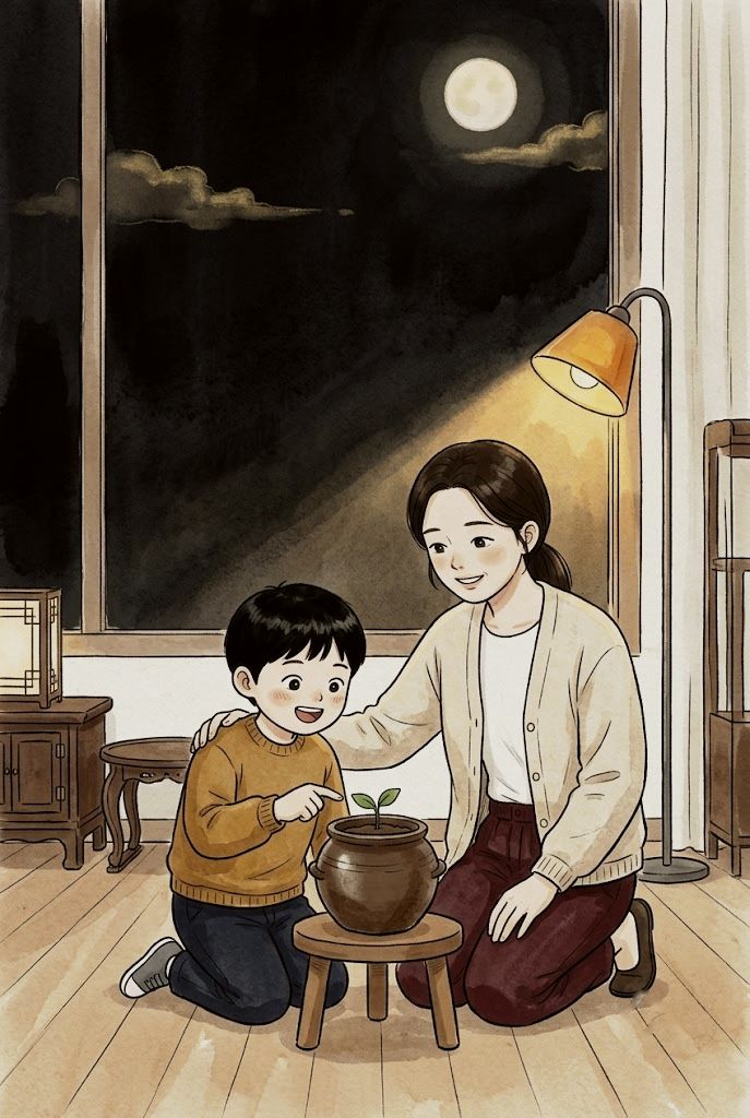 달 뜬 밤 거실 큰 창가에서, 엄마와 아들이 나란히 무릎 꿇고 옹기 화분에 막 돋은 떡잎을 보며 웃는 장면