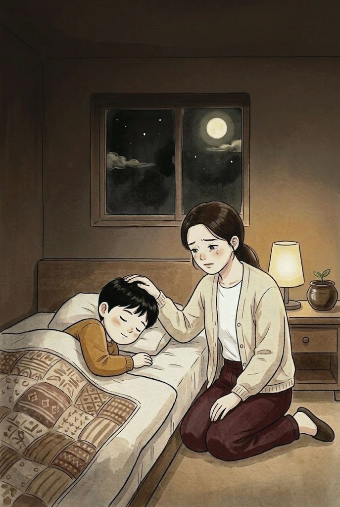 밤 아이 방에서 잠든 아이의 머리를 쓰다듬으며 미안한 얼굴로 곁에 앉은 엄마