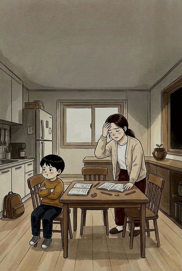 낮 부엌 식탁에서 숙제 앞에 팔짱 끼고 고개 돌린 아이와, 이마를 짚고 지친 엄마
