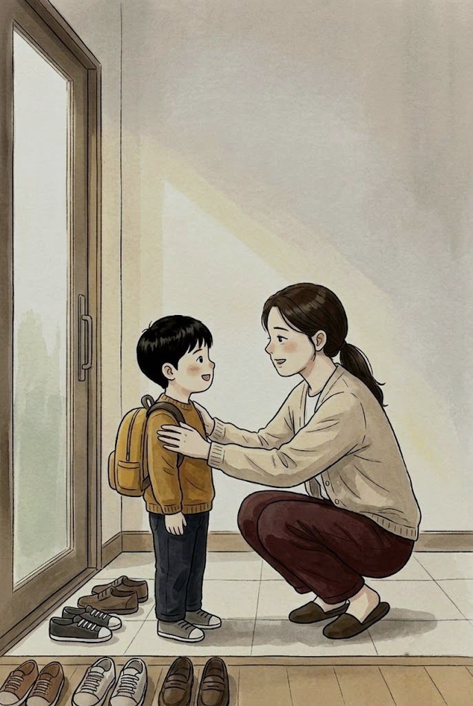 다음 날 아침 현관에서 아이 눈높이로 쪼그려 앉아 어깨에 손을 얹고 말하는 엄마와, 가방 멘 채 웃는 아이